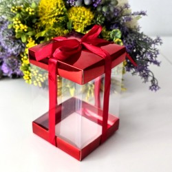 Cutie din plastic transparent cu capac din carton rosu si funda 15cm x 10cm x 10cm