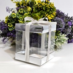 Cutie din plastic transparent cu capac din carton argintiu si funda 12cm x 10cm x 10cm